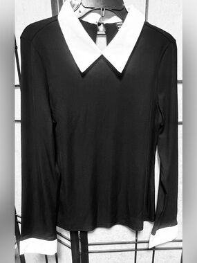 SHEIN Black Long-Sleeve Top with White Pointed Collar